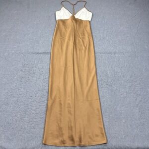 Abercrombie &‎ Fitch Satin Dress Women's MT Gold Plunge V-Neck Long Slip T-Strap